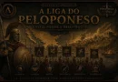 Capa histórica sobre a Liga do Peloponeso mostrando guerreiros espartanos, alianças militares gregas e cidades da Grécia Antiga.