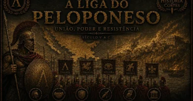 Capa histórica sobre a Liga do Peloponeso mostrando guerreiros espartanos, alianças militares gregas e cidades da Grécia Antiga.