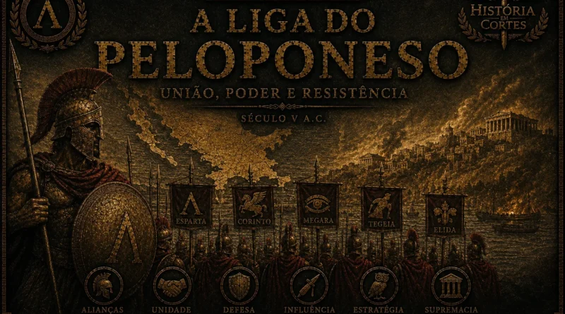 Capa histórica sobre a Liga do Peloponeso mostrando guerreiros espartanos, alianças militares gregas e cidades da Grécia Antiga.