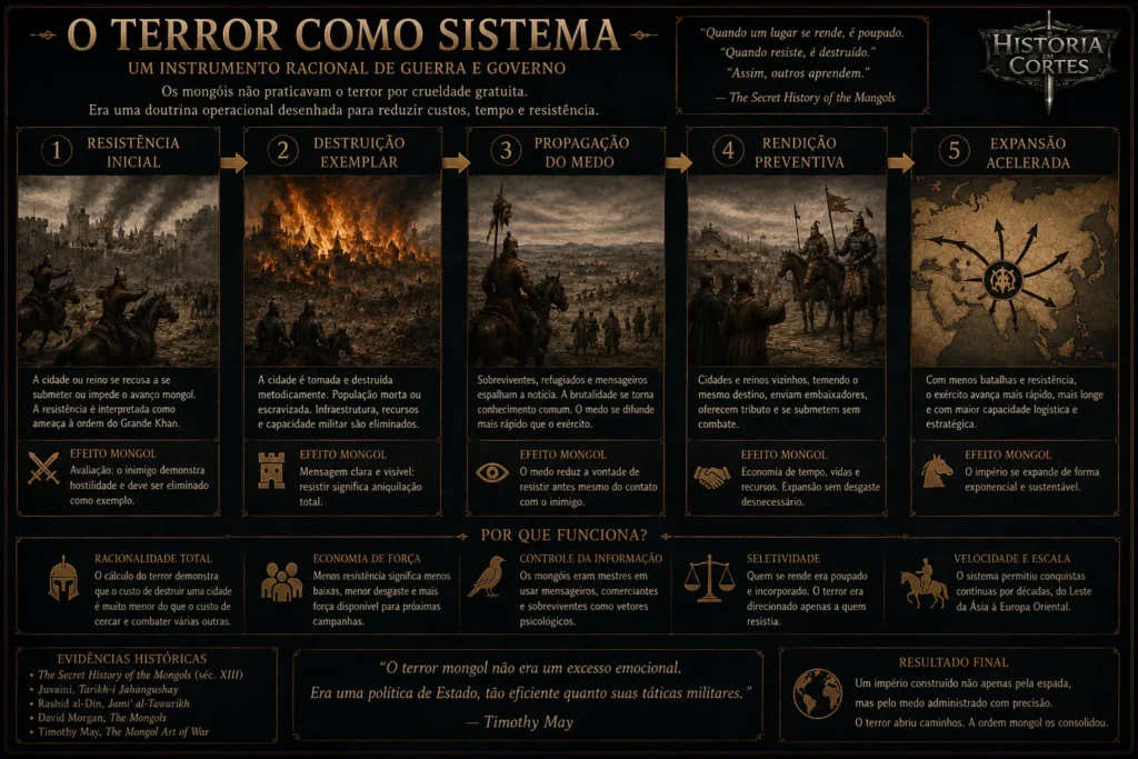 Infográfico mostrando como o terror mongol era usado para acelerar rendições e conquistas.