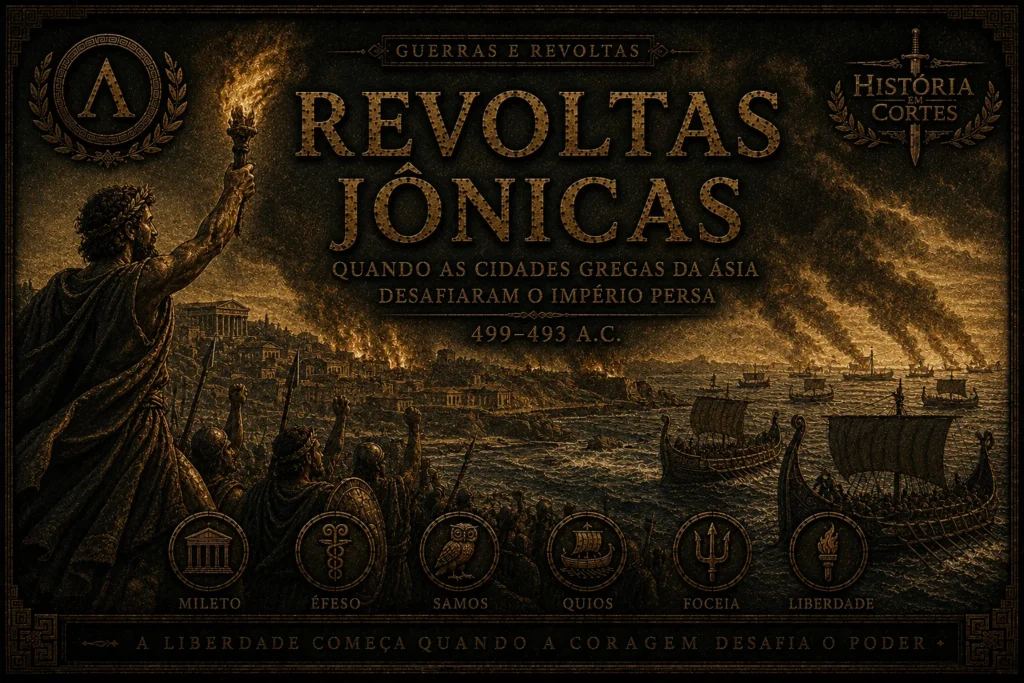 Arte histórica das Revoltas Jônicas mostrando cidades gregas da Ásia Menor em rebelião contra o Império Persa.