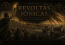 Arte histórica das Revoltas Jônicas mostrando cidades gregas da Ásia Menor em rebelião contra o Império Persa.