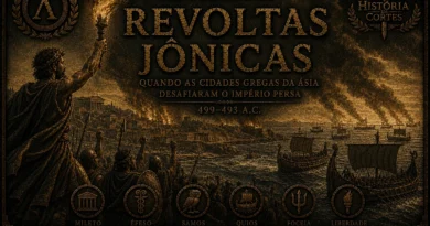 Arte histórica das Revoltas Jônicas mostrando cidades gregas da Ásia Menor em rebelião contra o Império Persa.