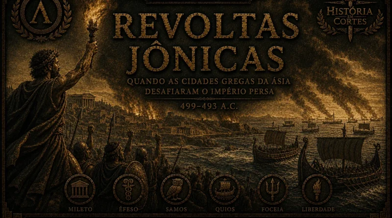 Arte histórica das Revoltas Jônicas mostrando cidades gregas da Ásia Menor em rebelião contra o Império Persa.