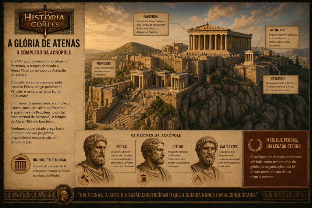 Ilustração histórica da Acrópole de Atenas durante o auge da Grécia Clássica, mostrando o Partenon, os Propileus, o templo de Atena Niké e o Erecteion.