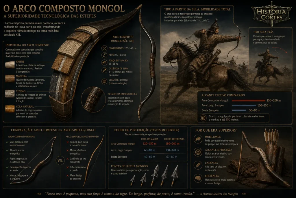 Infográfico histórico mostrando a estrutura, funcionamento e vantagens do arco composto mongol utilizado pelos exércitos de Gêngis Khan e seus sucessores.
