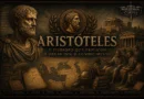 Ilustração cinematográfica de Aristóteles em estilo histórico épico, com Atenas ao fundo, símbolos da filosofia grega, mapa do mundo antigo e elementos ligados à lógica, ética e metafísica.