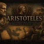 O legado de Aristóteles: como um filósofo grego moldou dois milênios de pensamento ocidental Ilustração cinematográfica de Aristóteles em estilo histórico épico, com Atenas ao fundo, símbolos da filosofia grega, mapa do mundo antigo e elementos ligados à lógica, ética e metafísica.