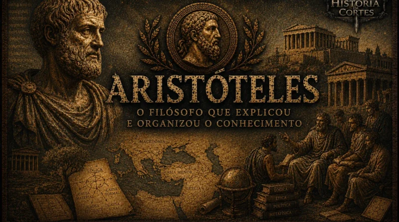 Ilustração cinematográfica de Aristóteles em estilo histórico épico, com Atenas ao fundo, símbolos da filosofia grega, mapa do mundo antigo e elementos ligados à lógica, ética e metafísica.