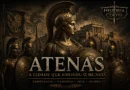 Ilustração de Atenas Antiga com hoplitas, deusa Atena e a Acrópole ao fundo