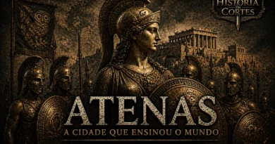 Ilustração de Atenas Antiga com hoplitas, deusa Atena e a Acrópole ao fundo