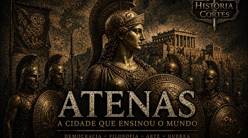 Ilustração de Atenas Antiga com hoplitas, deusa Atena e a Acrópole ao fundo