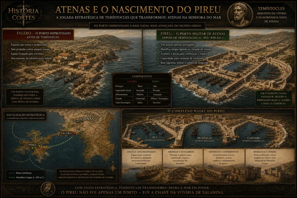 nfográfico comparativo entre o porto de Falero e o complexo naval do Pireu em Atenas, destacando a estratégia de Temístocles e as Muralhas Longas.