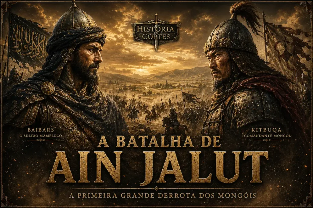Representação artística da Batalha de Ain Jalut em 1260, mostrando o sultão mameluco Baibars e o comandante mongol Kitbuqa frente a frente antes do confronto decisivo que interrompeu a expansão mongol no Oriente Médio.