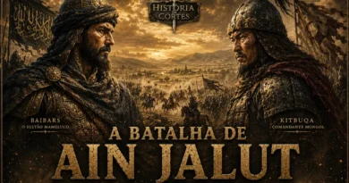 Representação artística da Batalha de Ain Jalut em 1260, mostrando o sultão mameluco Baibars e o comandante mongol Kitbuqa frente a frente antes do confronto decisivo que interrompeu a expansão mongol no Oriente Médio.