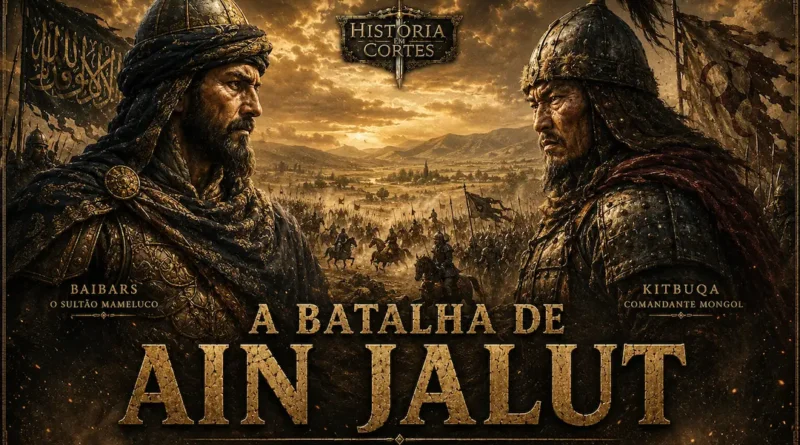 Representação artística da Batalha de Ain Jalut em 1260, mostrando o sultão mameluco Baibars e o comandante mongol Kitbuqa frente a frente antes do confronto decisivo que interrompeu a expansão mongol no Oriente Médio.