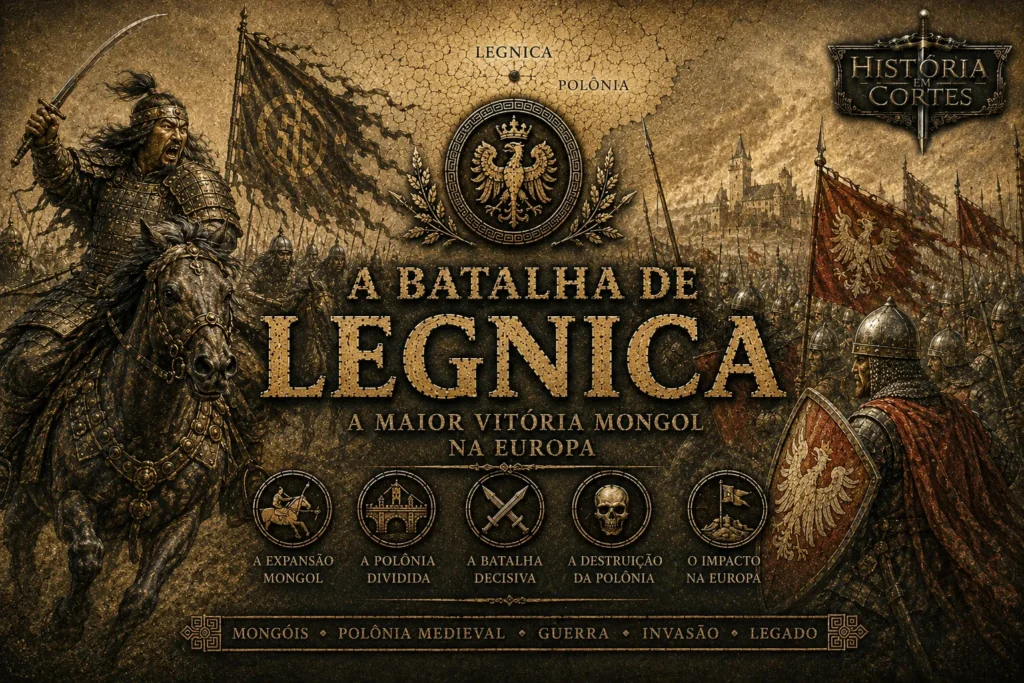 Ilustração da Batalha de Legnica de 1241 mostrando guerreiros mongóis enfrentando cavaleiros poloneses durante a invasão mongol da Europa medieval.