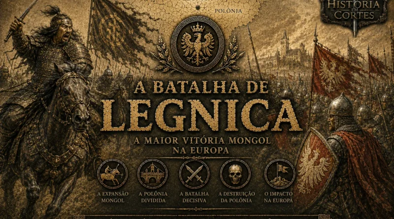 Ilustração da Batalha de Legnica de 1241 mostrando guerreiros mongóis enfrentando cavaleiros poloneses durante a invasão mongol da Europa medieval.