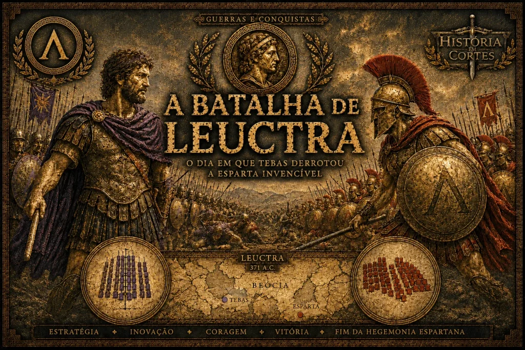 Ilustração cinematográfica da Batalha de Leuctra mostrando guerreiros tebanos e espartanos em confronto, com estética dourada e sombria no estilo História em Cortes.