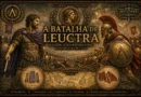Ilustração cinematográfica da Batalha de Leuctra mostrando guerreiros tebanos e espartanos em confronto, com estética dourada e sombria no estilo História em Cortes.
