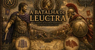 Ilustração cinematográfica da Batalha de Leuctra mostrando guerreiros tebanos e espartanos em confronto, com estética dourada e sombria no estilo História em Cortes.
