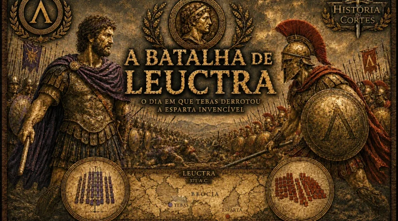 Ilustração cinematográfica da Batalha de Leuctra mostrando guerreiros tebanos e espartanos em confronto, com estética dourada e sombria no estilo História em Cortes.