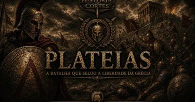 Ilustração da Batalha de Plateias mostrando hoplitas gregos enfrentando o exército persa em uma cena épica de guerra da Grécia Antiga.