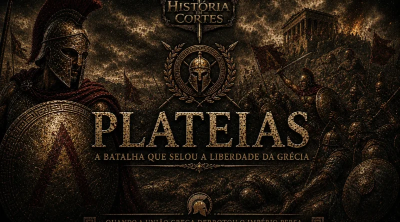 Ilustração da Batalha de Plateias mostrando hoplitas gregos enfrentando o exército persa em uma cena épica de guerra da Grécia Antiga.