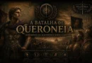 Arte cinematográfica da Batalha de Queroneia mostrando Alexandre jovem, hoplitas gregos e o avanço macedônio na Grécia Antiga em 338 a.C.