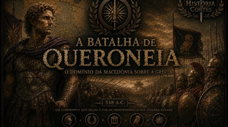 Arte cinematográfica da Batalha de Queroneia mostrando Alexandre jovem, hoplitas gregos e o avanço macedônio na Grécia Antiga em 338 a.C.