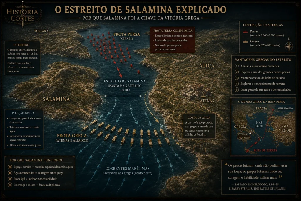 Infográfico detalhando a tática naval na Batalha de Salamina, mostrando a frota grega bloqueando o estreito de 1,6 km contra a frota persa de Xerxes.