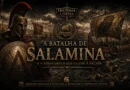 Ilustração da Batalha de Salamina mostrando trirremes gregas enfrentando a frota persa no estreito de Salamina durante as Guerras Médicas