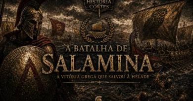 Ilustração da Batalha de Salamina mostrando trirremes gregas enfrentando a frota persa no estreito de Salamina durante as Guerras Médicas