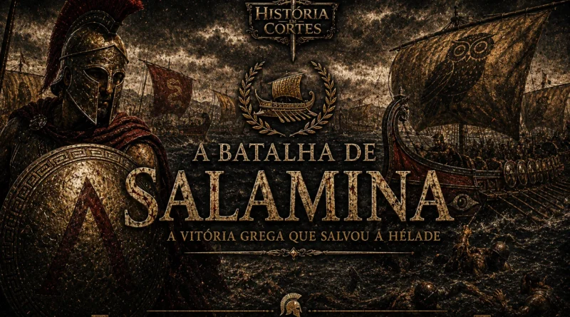 Ilustração da Batalha de Salamina mostrando trirremes gregas enfrentando a frota persa no estreito de Salamina durante as Guerras Médicas