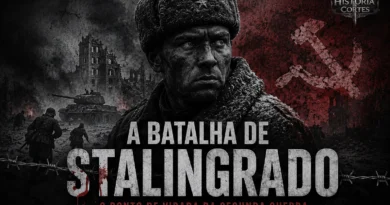 Ilustração da Batalha de Stalingrado mostrando um soldado soviético em meio às ruínas da cidade durante a Segunda Guerra Mundial