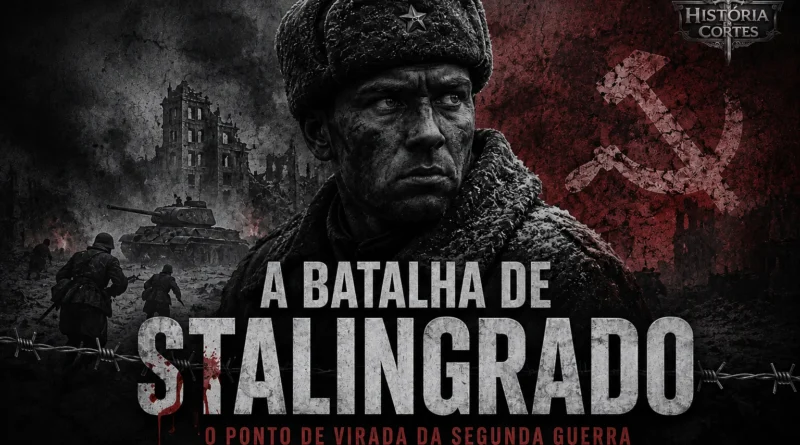 Ilustração da Batalha de Stalingrado mostrando um soldado soviético em meio às ruínas da cidade durante a Segunda Guerra Mundial