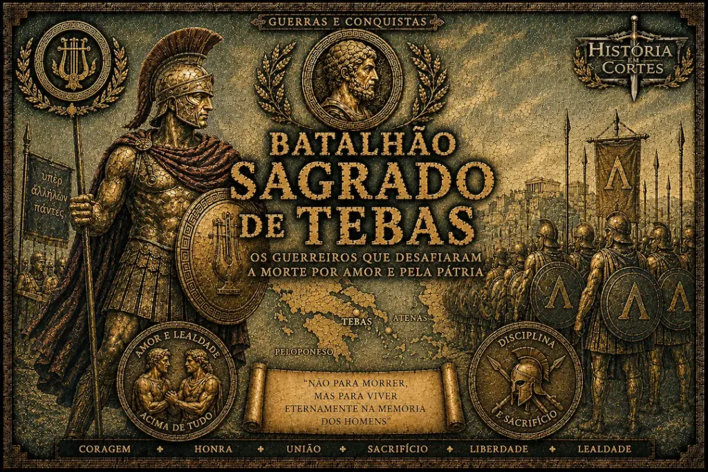 Ilustração do Batalhão Sagrado de Tebas, unidade de elite da Grécia Antiga formada por 300 guerreiros tebanos que se destacou nas Guerras Gregas do século IV a.C.