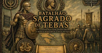 Ilustração do Batalhão Sagrado de Tebas, unidade de elite da Grécia Antiga formada por 300 guerreiros tebanos que se destacou nas Guerras Gregas do século IV a.C.