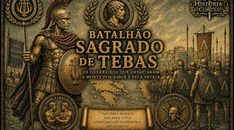 Ilustração do Batalhão Sagrado de Tebas, unidade de elite da Grécia Antiga formada por 300 guerreiros tebanos que se destacou nas Guerras Gregas do século IV a.C.