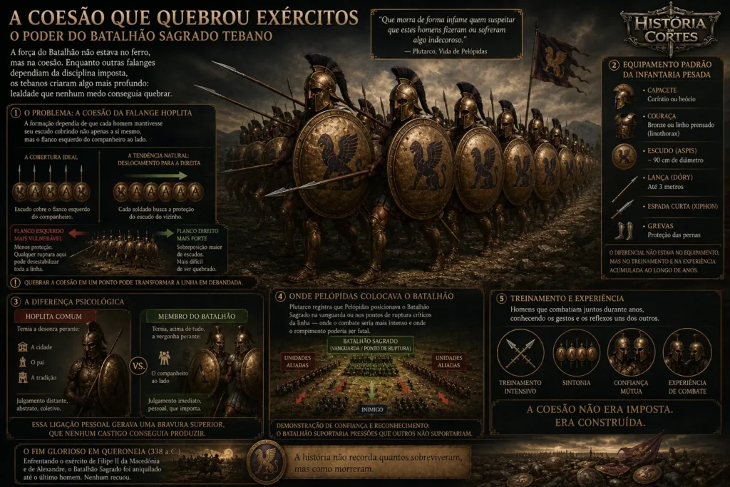 Infográfico histórico mostrando a coesão da falange do Batalhão Sagrado de Tebas, o equipamento hoplita, o papel de Pelópidas e a importância da lealdade entre os guerreiros na Grécia Antiga.