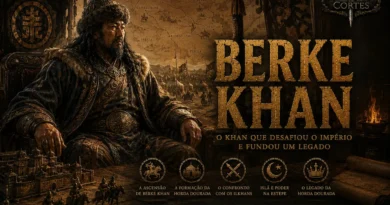 Capa histórica em tons dourados mostrando Berke Khan em um ambiente de poder da Horda Dourada, com mapas, símbolos islâmicos e elementos da estepe mongol.