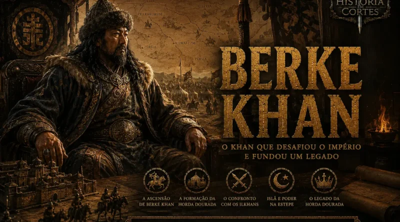 Capa histórica em tons dourados mostrando Berke Khan em um ambiente de poder da Horda Dourada, com mapas, símbolos islâmicos e elementos da estepe mongol.