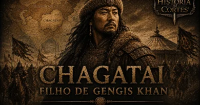 Chagatai, filho de Gengis Khan, diante do exército mongol e mapa do Império Mongol