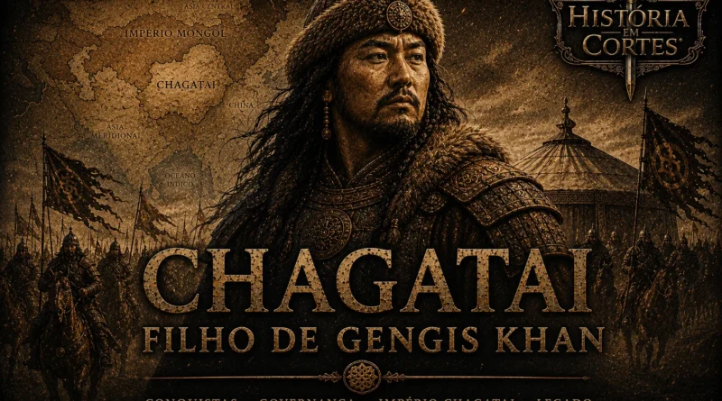 Chagatai, filho de Gengis Khan, diante do exército mongol e mapa do Império Mongol
