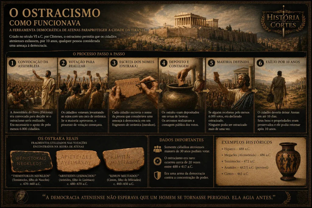 Infográfico explicativo sobre o processo de ostracismo na Grécia Antiga, mostrando desde a votação com fragmentos de cerâmica até o exílio de 10 anos.