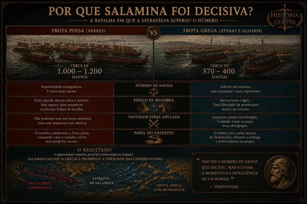Tabela comparativa da Batalha de Salamina, mostrando a superioridade numérica de Xerxes contra a agilidade e estratégia das trirremes gregas de Temístocles.