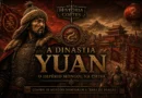Ilustração da Dinastia Yuan mostrando guerreiros mongóis, arquitetura imperial chinesa e símbolos da dominação mongol na China medieval.