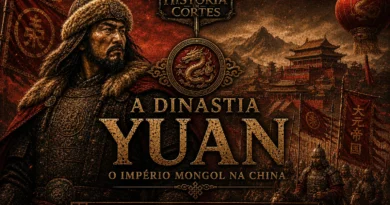 Ilustração da Dinastia Yuan mostrando guerreiros mongóis, arquitetura imperial chinesa e símbolos da dominação mongol na China medieval.