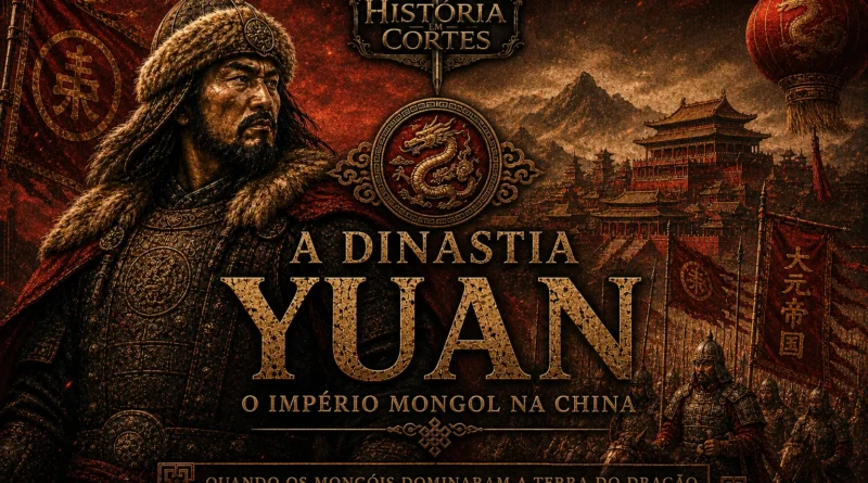 Ilustração da Dinastia Yuan mostrando guerreiros mongóis, arquitetura imperial chinesa e símbolos da dominação mongol na China medieval.