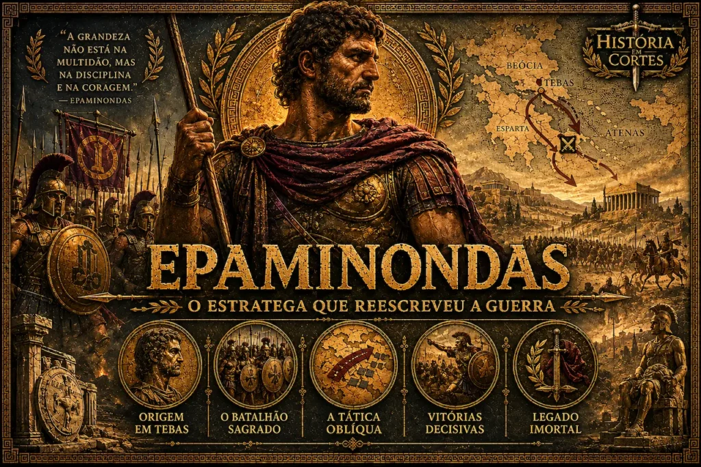 Epaminondas, general tebano que revolucionou a guerra grega antiga e derrotou Esparta na Batalha de Leuctra.